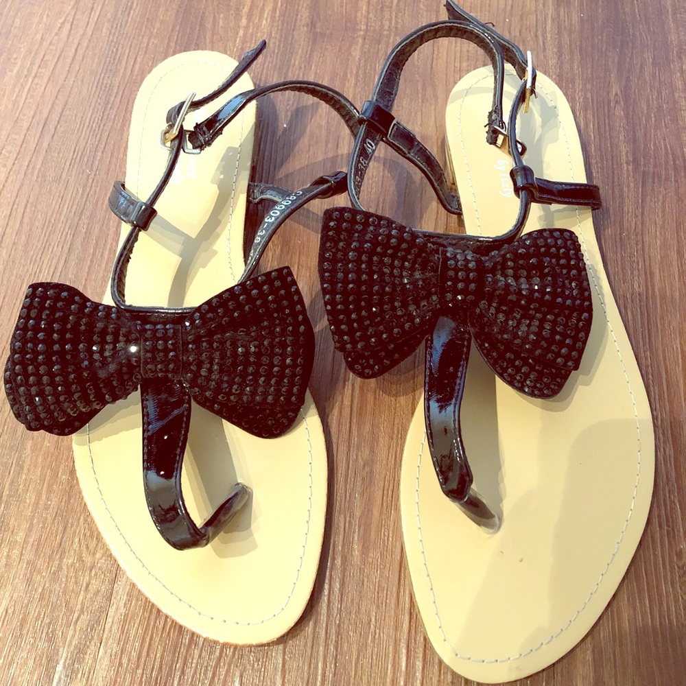Black sequin bow tie sandals